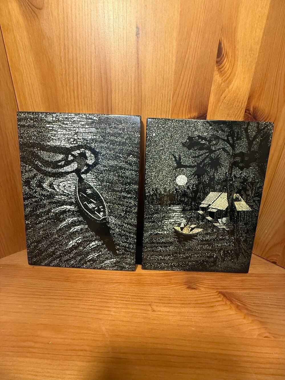 Vintage Vietnamese Lacquer Wall Art Panels Pair Boat Village Scene Eggshell Mosa